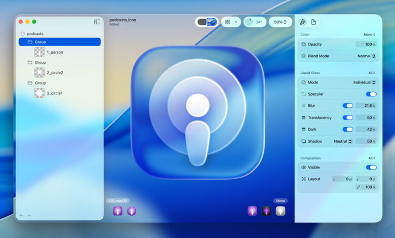 iPhone screens displaying iOS 26 Liquid Glass design with translucent app icons, dynamic lock screen, and reflective Control Center.